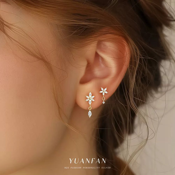 S925 Sterling Silver Flower Zirconia Earrings For Women