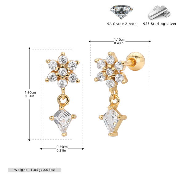 S925 Sterling Silver Flower Zirconium Electroplated Piercing Earrings For Women