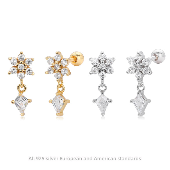 S925 Sterling Silver Flower Zirconium Electroplated Piercing Earrings For Women