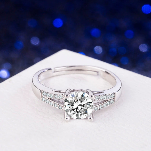 S925 Sterling Silver Four Claw Geometric Zircon Ring For Women Classic Micro Inlaid Simple Elegant Adjustable Jewelry