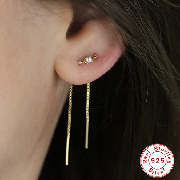 S925 Sterling Silver Fourclaw Diamondstudded Chain Tassel Earrings With Geometric Design And Real Gold Plating For Women