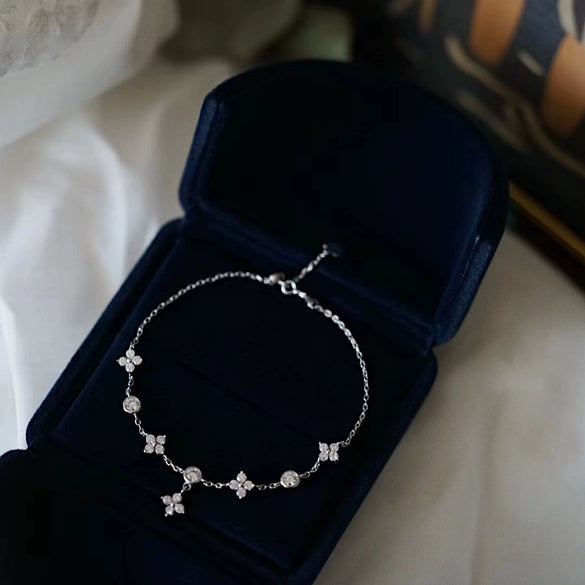 S925 Sterling Silver Fourleaf Clover Bracelet With Zircon 18K Gold Plated Flower Leaves Light Luxury Style