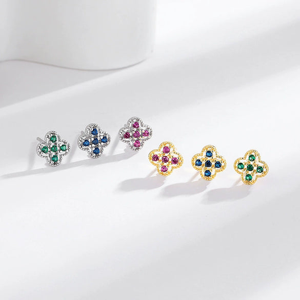 S925 Sterling Silver Fourleaf Clover Colored Diamond Women's Light Luxury Earrings