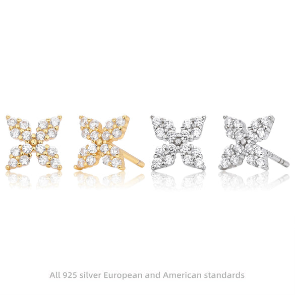 S925 Sterling Silver Fourleaf Clover Zirconium Earrings Electroplated Simple Style Women's Jewelry