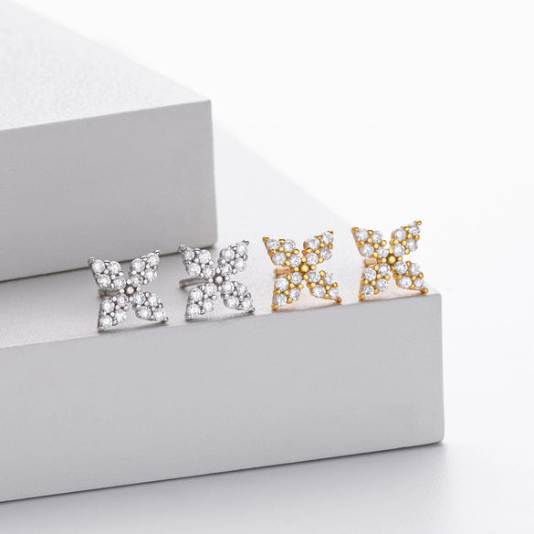 S925 Sterling Silver Fourleaf Clover Zirconium Earrings Electroplated Simple Style Women's Jewelry