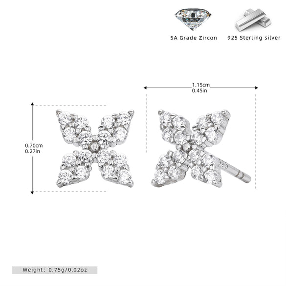 S925 Sterling Silver Fourleaf Clover Zirconium Earrings Electroplated Simple Style Women's Jewelry