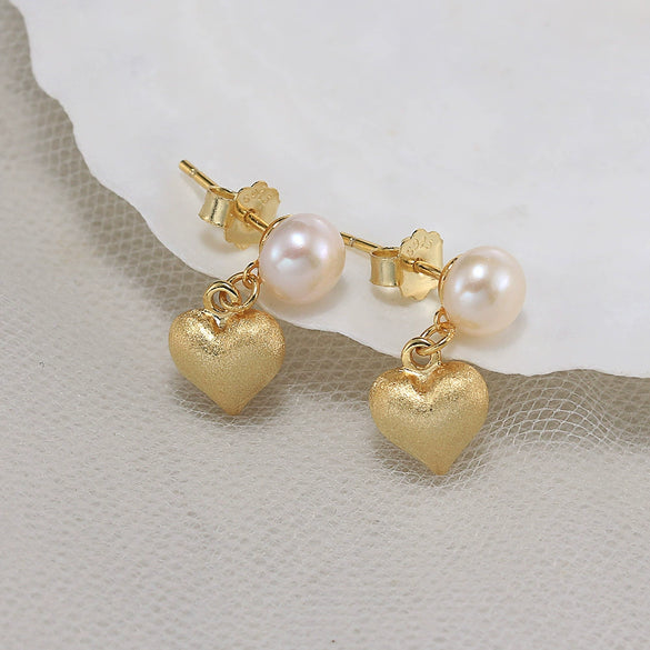 S925 Sterling Silver Freshwater Pearl Love Pendant Earrings Simple Natural Style