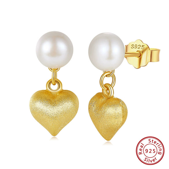 S925 Sterling Silver Freshwater Pearl Love Pendant Earrings Simple Natural Style