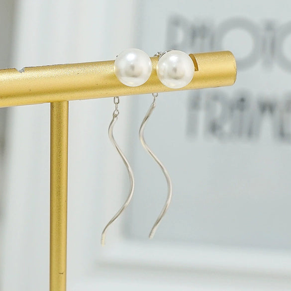 S925 Sterling Silver Freshwater Pearl Wave Curve Drop Earrings Simple Light Luxury Retro Bead Earrings For Women