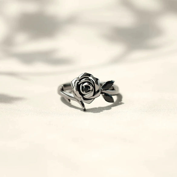 S925 Sterling Silver Geometric Black Flower Rose Ring For Women Electroplated