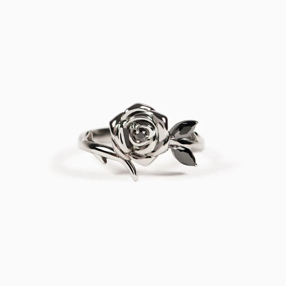 S925 Sterling Silver Geometric Black Flower Rose Ring For Women Electroplated