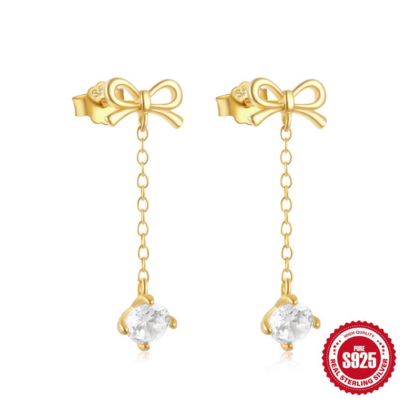 S925 Sterling Silver Geometric Bow Tassel Long Earrings For Women