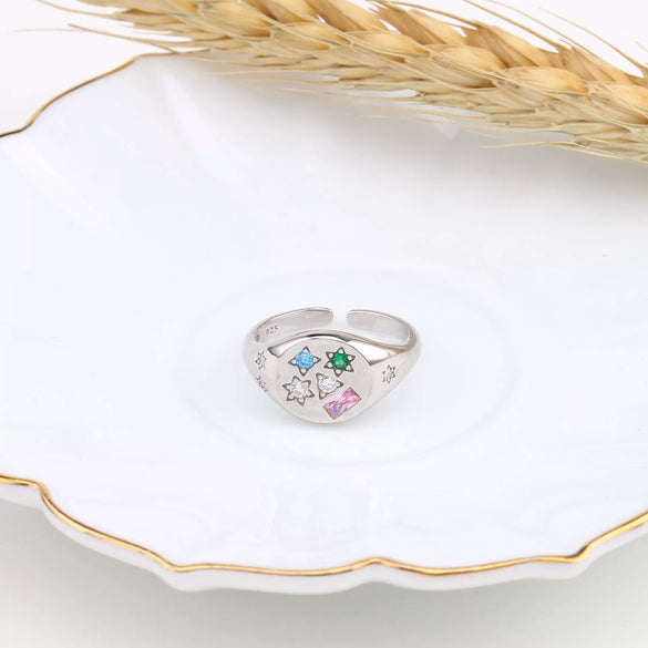 S925 Sterling Silver Geometric Colored Gem Inlaid Opening Ring For Women