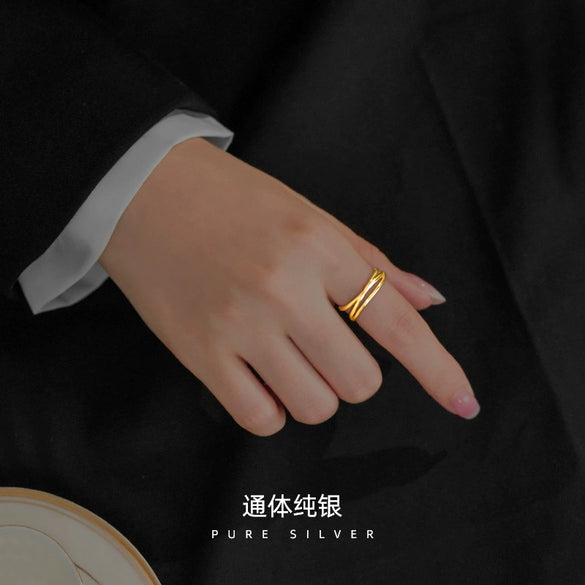 S925 Sterling Silver Geometric Cross Double Layer Open Ring For Women Electroplated Minimalist Adjustable Ring