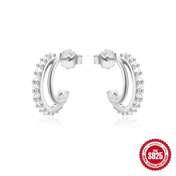 S925 Sterling Silver Geometric Cshaped Wave Electroplated Diamond Stud Earrings For Women