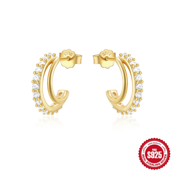 S925 Sterling Silver Geometric Cshaped Wave Electroplated Diamond Stud Earrings For Women