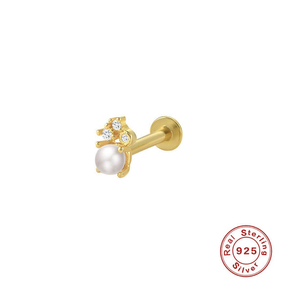 S925 Sterling Silver Geometric Diamond Pearl Ear Bone Nail Auricle Flat Head Thread Body Piercing Earrings With Environmental Protection Electroplating For Women