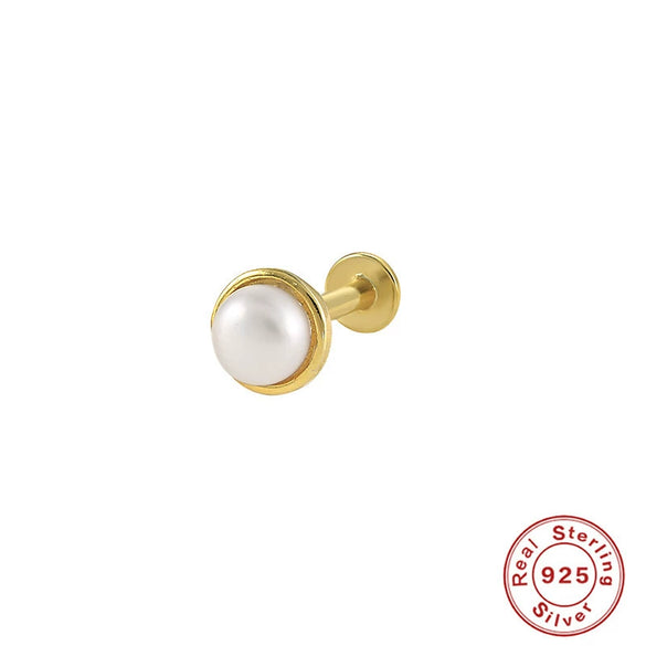 S925 Sterling Silver Geometric Diamond Pearl Ear Bone Nail Auricle Flat Head Thread Body Piercing Earrings With Environmental Protection Electroplating For Women