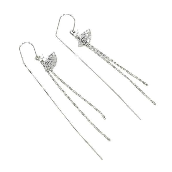 S925 Sterling Silver Geometric Fan Shaped Long Tassel Ear Line Earrings Elegant Small Fresh Style