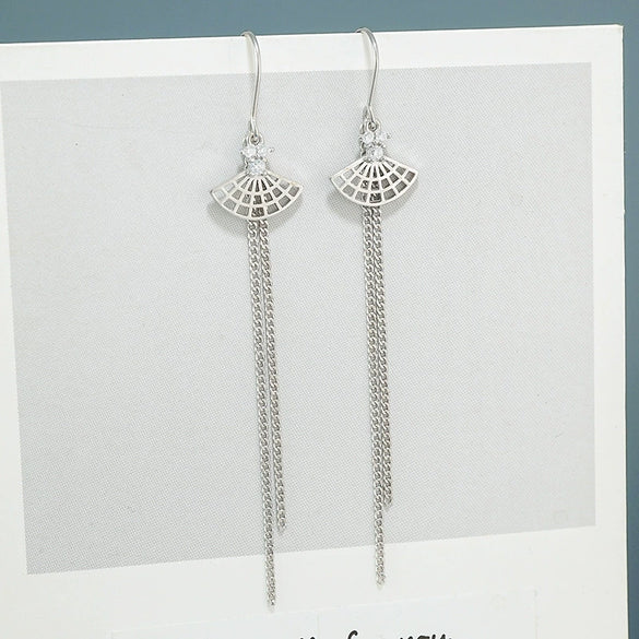 S925 Sterling Silver Geometric Fan Shaped Long Tassel Ear Line Earrings Elegant Small Fresh Style
