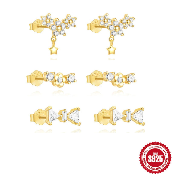 S925 Sterling Silver Geometric Fivepointed Star Pendant And Fivepetal Flower Earrings For Women With Electroplating Design