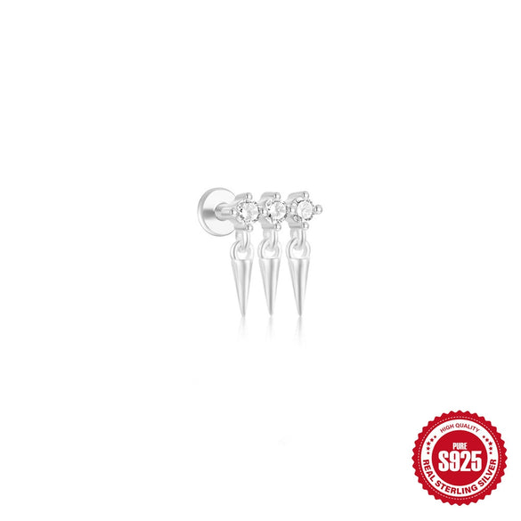 S925 Sterling Silver Geometric Flat Bottom Piercing Thread Ear Nail With Cone Crown Pendant And Water Drop Design Environmental Protection Electroplated Ear Jewelry