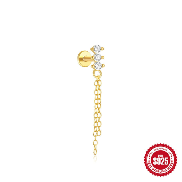 S925 Sterling Silver Geometric Flat Bottom Piercing Thread Ear Nail With Cone Crown Pendant And Water Drop Design Environmental Protection Electroplated Ear Jewelry