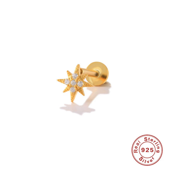 S925 Sterling Silver Geometric Flower Moon Diamond Flat Head Internal Thread Smooth Puncture Cartilage Ear Nail Electroplated For Women