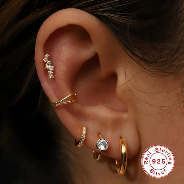 S925 Sterling Silver Geometric Flower Moon Diamond Flat Head Internal Thread Smooth Puncture Cartilage Ear Nail Electroplated For Women