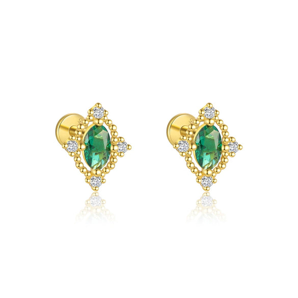 S925 Sterling Silver Geometric Green Zirconium Asymmetrical Women's Earrings