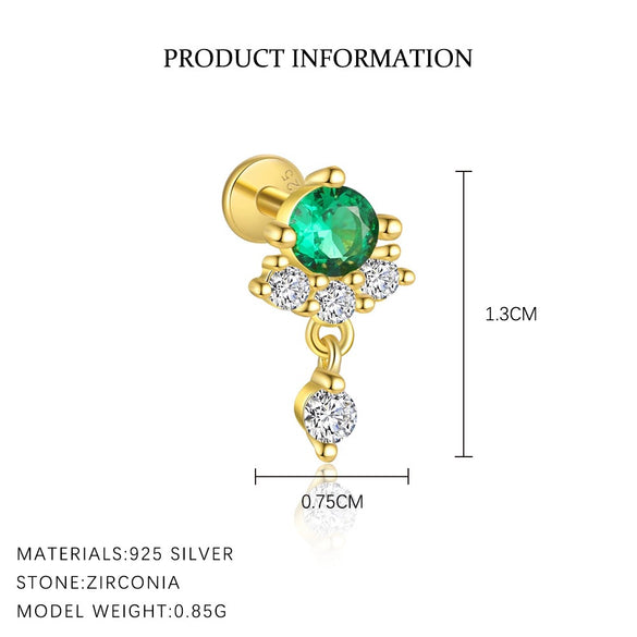 S925 Sterling Silver Geometric Green Zirconium Asymmetrical Women's Earrings