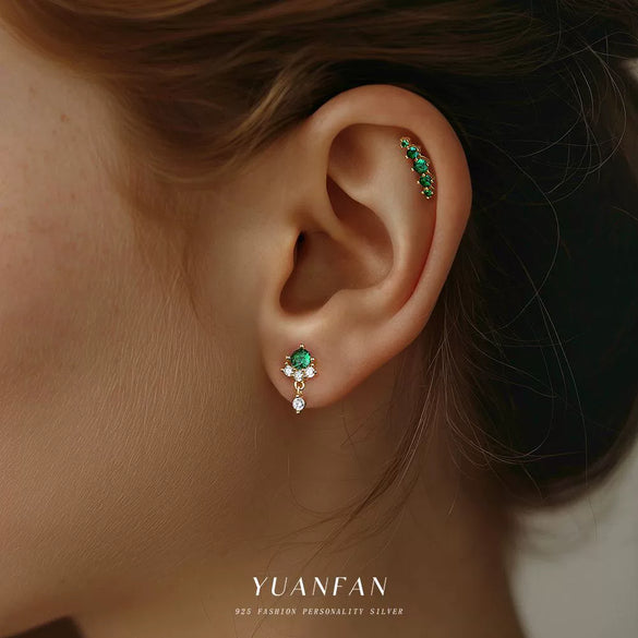 S925 Sterling Silver Geometric Green Zirconium Asymmetrical Women's Earrings
