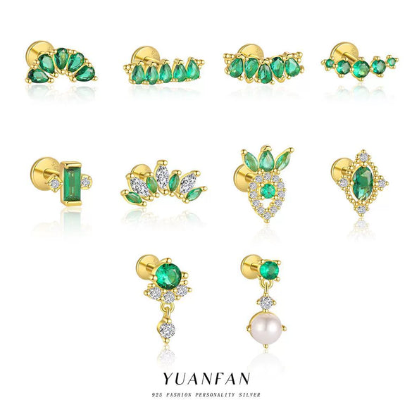 S925 Sterling Silver Geometric Green Zirconium Asymmetrical Women's Earrings