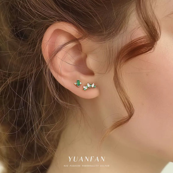 S925 Sterling Silver Geometric Green Zirconium Asymmetrical Women's Earrings