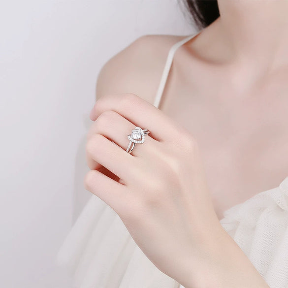 S925 Sterling Silver Geometric Heart Open Ring For Women With Diamond Inlay Electroplated Fashion Jewelry