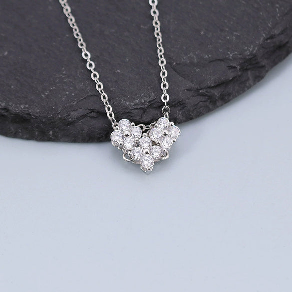 S925 Sterling Silver Geometric Heart Pendant Necklace With Cross Chain Electroplated Double Wear Light Luxury Style For Women