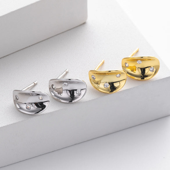 S925 Sterling Silver Geometric Microencrusted Stone Concave Retro Earrings For Women With Electroplating