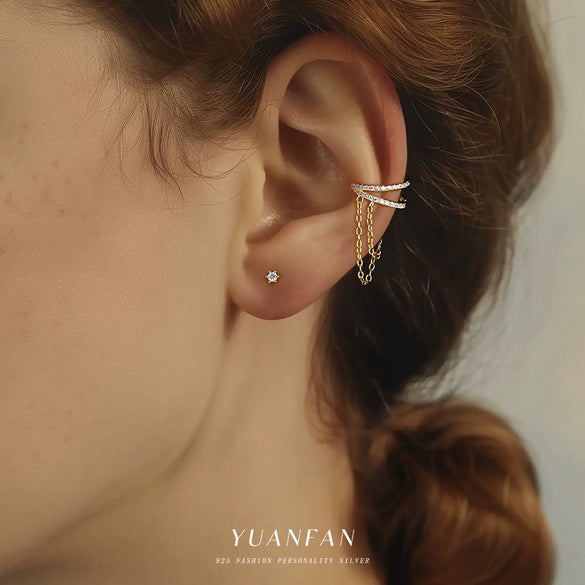 S925 Sterling Silver Geometric Micropaved Light Luxury Women's Fashion Earrings With Doublelayer Tassel Chain
