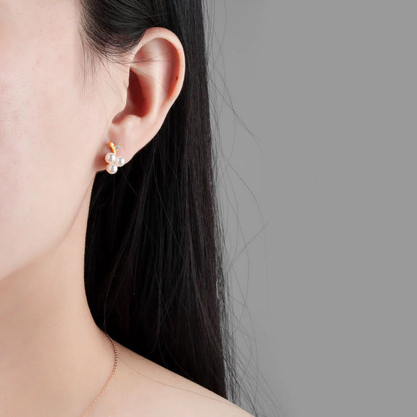 S925 Sterling Silver Geometric Pearl Bead Stud Earrings For Women Electroplated Minimalist Jewelry