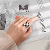 S925 Sterling Silver Geometric Plaid Ring For Women Black And White Checkerboard Adjustable Open Ring Electroplated Minimalist Jewelry