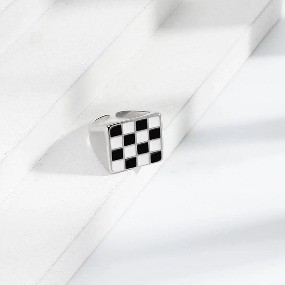 S925 Sterling Silver Geometric Plaid Ring For Women Black And White Checkerboard Adjustable Open Ring Electroplated Minimalist Jewelry