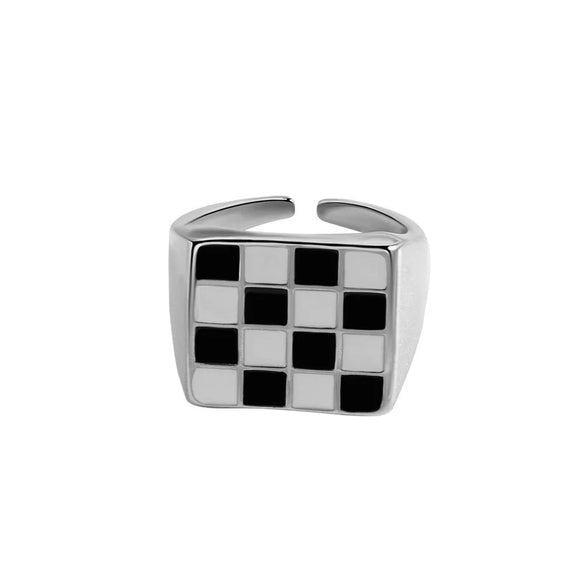 S925 Sterling Silver Geometric Plaid Ring For Women Black And White Checkerboard Adjustable Open Ring Electroplated Minimalist Jewelry