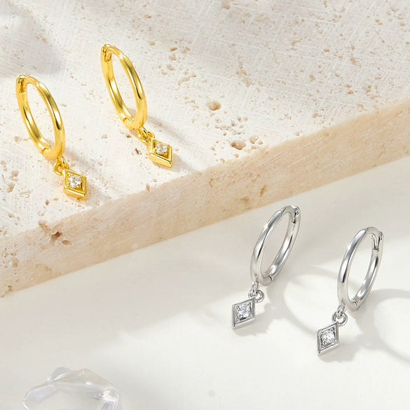 S925 Sterling Silver Geometric Rhombus Micropaved Zircon Earrings