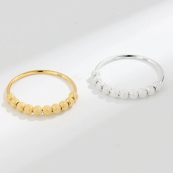 S925 Sterling Silver Geometric Rotating Anxiety Ring For Women Frosted Beaded Plain Surface Electroplated