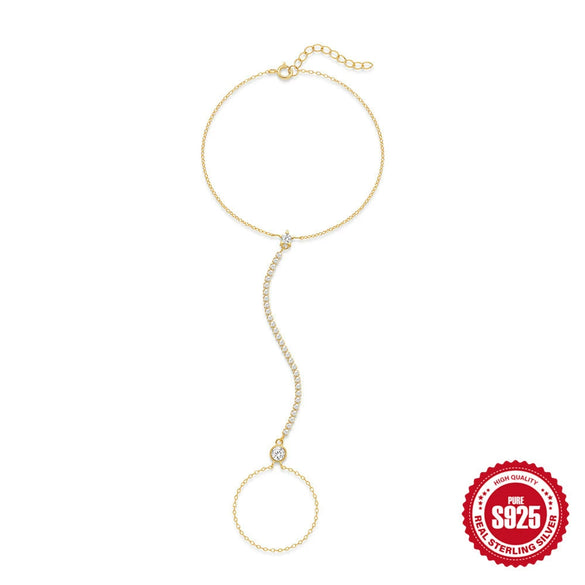 S925 Sterling Silver Geometric Round Diamond Electroplated Women's Finger Chain Bracelet