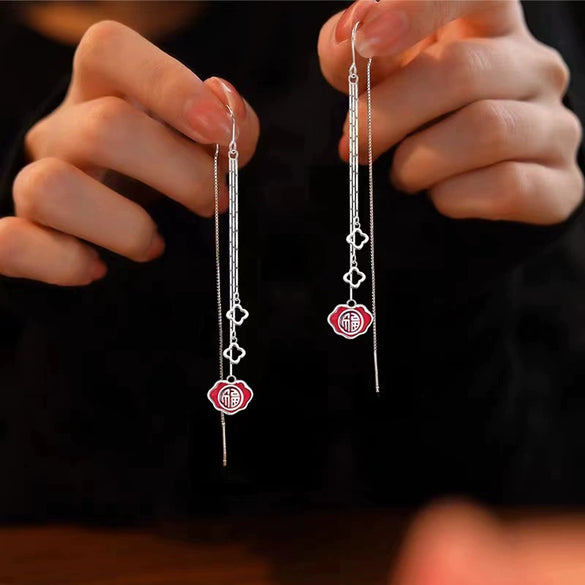 S925 Sterling Silver Geometric Ruyi Ping An Lock Retro Elegant Long Tassel Earrings For Women Light Luxury Style