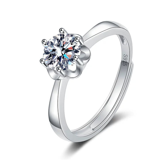 S925 Sterling Silver Geometric Snowflake Six Claw Moissanite Ring For Women Adjustable Open Ring With Electroplated Finish
