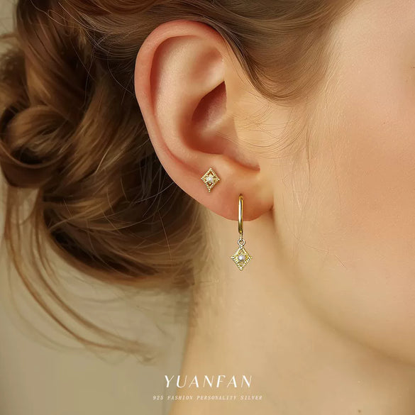 S925 Sterling Silver Geometric Square Freshwater Pearl Inlaid Earrings For Women