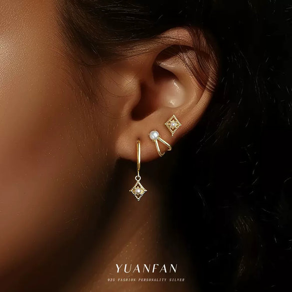 S925 Sterling Silver Geometric Square Freshwater Pearl Inlaid Earrings For Women