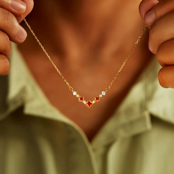 S925 Sterling Silver Geometric Square Red Zircon Vshaped Women's Electroplated Necklace